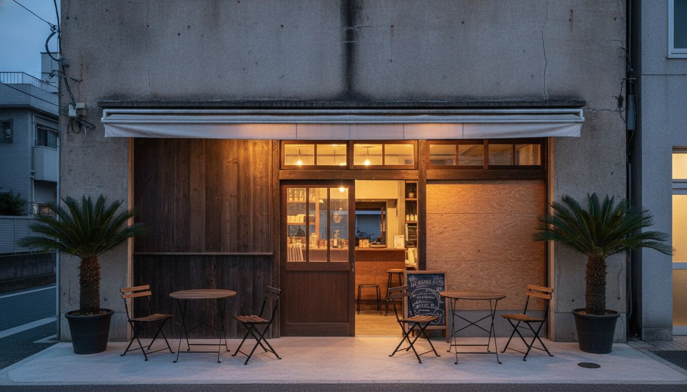 夕暮れのニシイケマートの店先。ソテツの鉢と立ち飲みテーブル、灯り