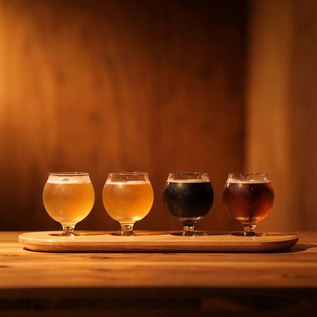 同じ建物に併設するクラフトブルワリー CYCAD BREWING のテイスティングフライト。ビールは同ブルワリーの商品。